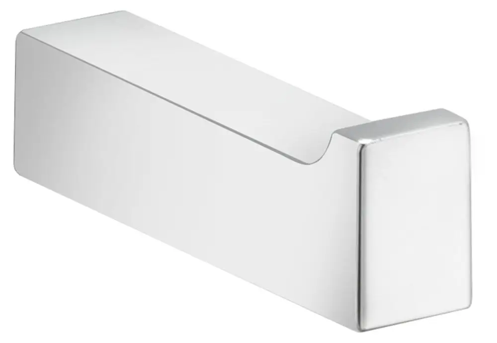 Keuco Bademantelhaken in rechteckiger Form, aus glänzendem Metall, mit einer abgerundeten Ecke auf einer Seite, zur Wandmontage geeignet.